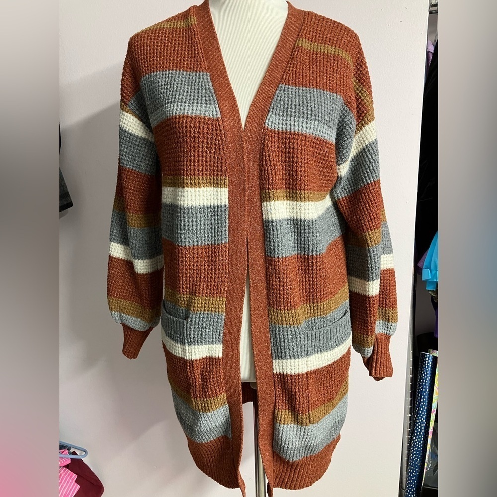 Pink Rose Women’s Open Front Sweater, Large, Earth/Natural Tones